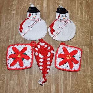 Vintage Christmas Potholders Lot Snowman Pair Crochet Poinsettia Hot Pads Red